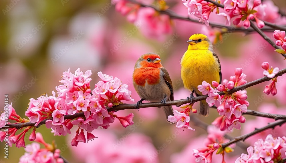 fBirds, yellow, red, spring, perched on a branch of a blossoming spring tree covered with pink floweruu fBirds, yellow, red, spring, perched on a branch of a blossoming spring tree covered with pink floweruu
