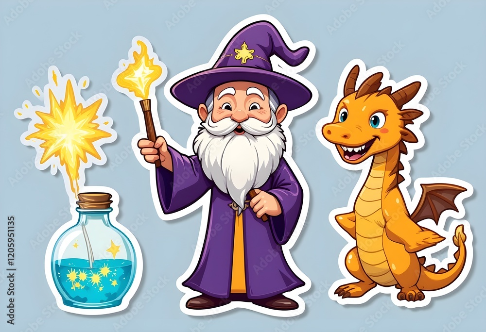 Naklejka premium Magical Character Stickers: A smiling wizard, a glowing cauldron, and an enchanted wand