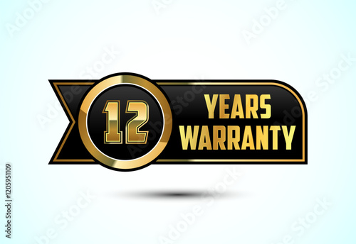 Luxury 12 years warranty label, badge, icon with gold and black color