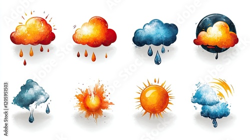 A collection of illustrated weather icons depicting various weather conditions.