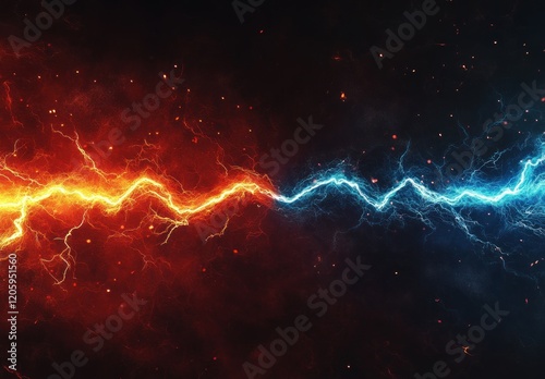 Fiery and icy lightning clashing, abstract background.