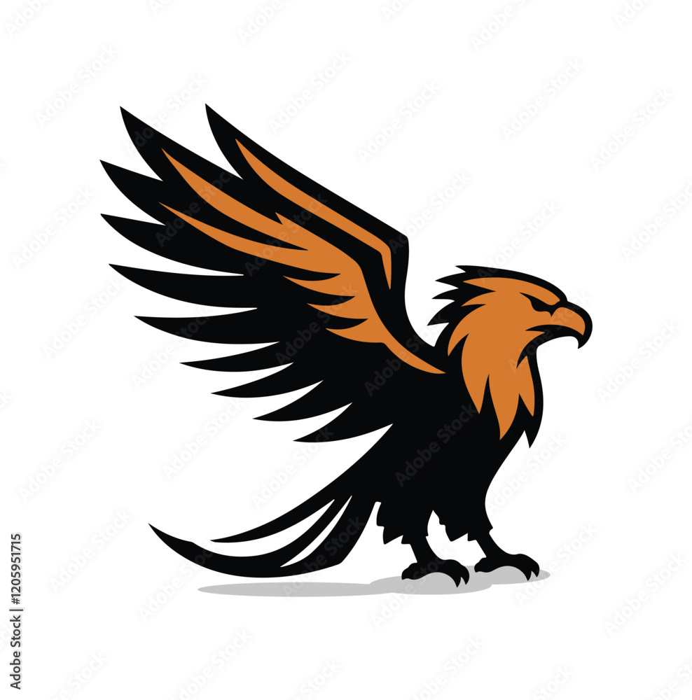 Fototapeta premium Majestic Full Body Eagle Artwork Fierce Black and White Falconry Illustration for Emblems, Badges, Logos, and Vintage Wildlife Posters Isolated Silhouette Design Showcasing Power, Pride, and Strength