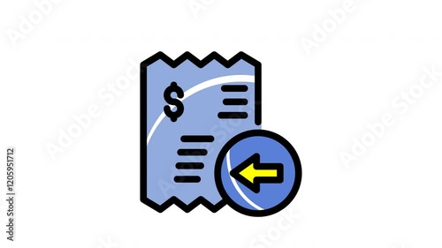 Bill receipt with dollar sign and yellow left arrow. Perfect for financial concepts, expense tracking, budget management, business transactions, and reimbursement processes.
