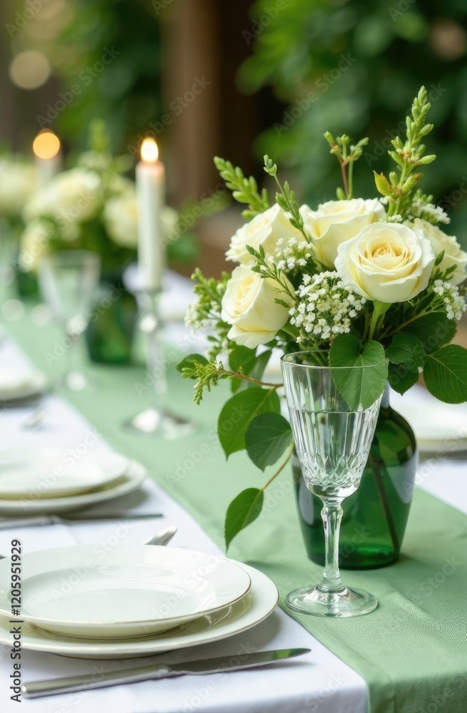 Vertical photo of a wedding table setting with candles, a bouquet of flowers and white dishes. Vertical photo of a wedding table setting with candles, a bouquet of flowers and white dishes.