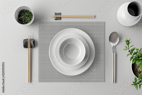 Minimalist table setting with white plates and wooden chopsticks.