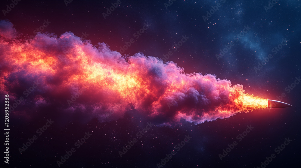 Fototapeta premium Rocket trail creating vibrant cosmic clouds against starry night sky, representing space exploration and astronomical discovery