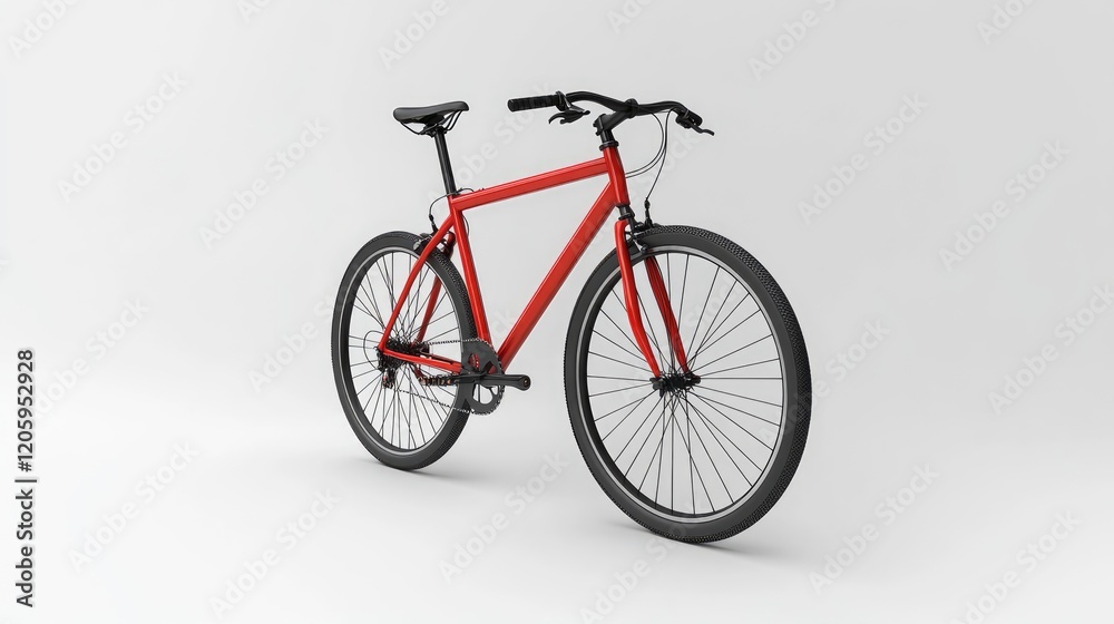 A vibrant red bicycle stands against a white background A vibrant red bicycle stands against a white background