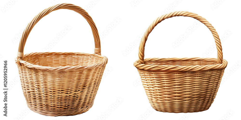 Set of a wicker basket with a handle, isolated on transparent background. Set of a wicker basket with a handle, isolated on transparent background.