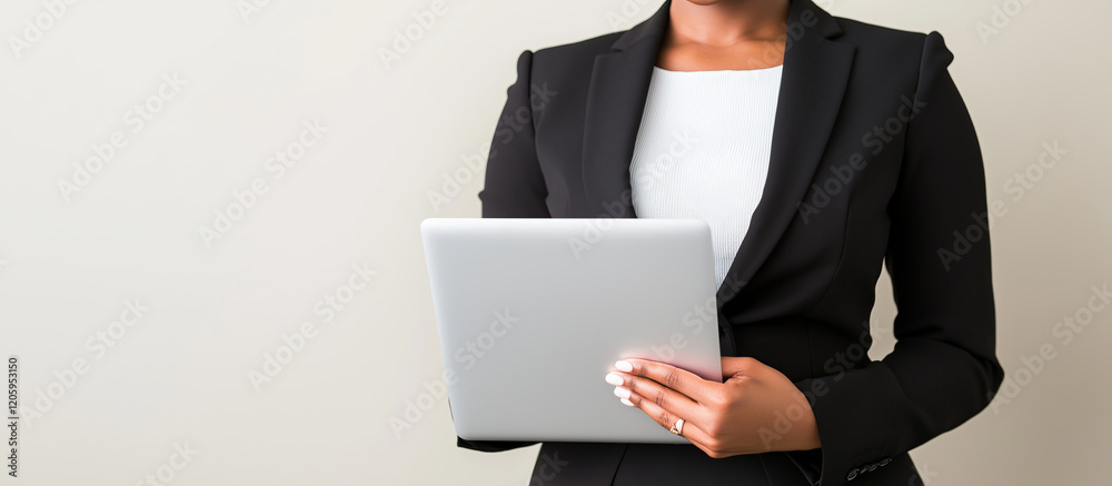 African female adult professional holding tablet in black suit against neutral background African female adult professional holding tablet in black suit against neutral background