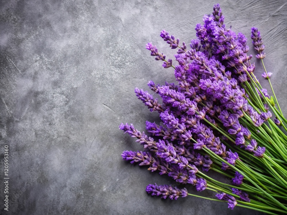Fototapeta premium Fresh Purple Lavender Flowers on Gray Textured Background - Stock Photo