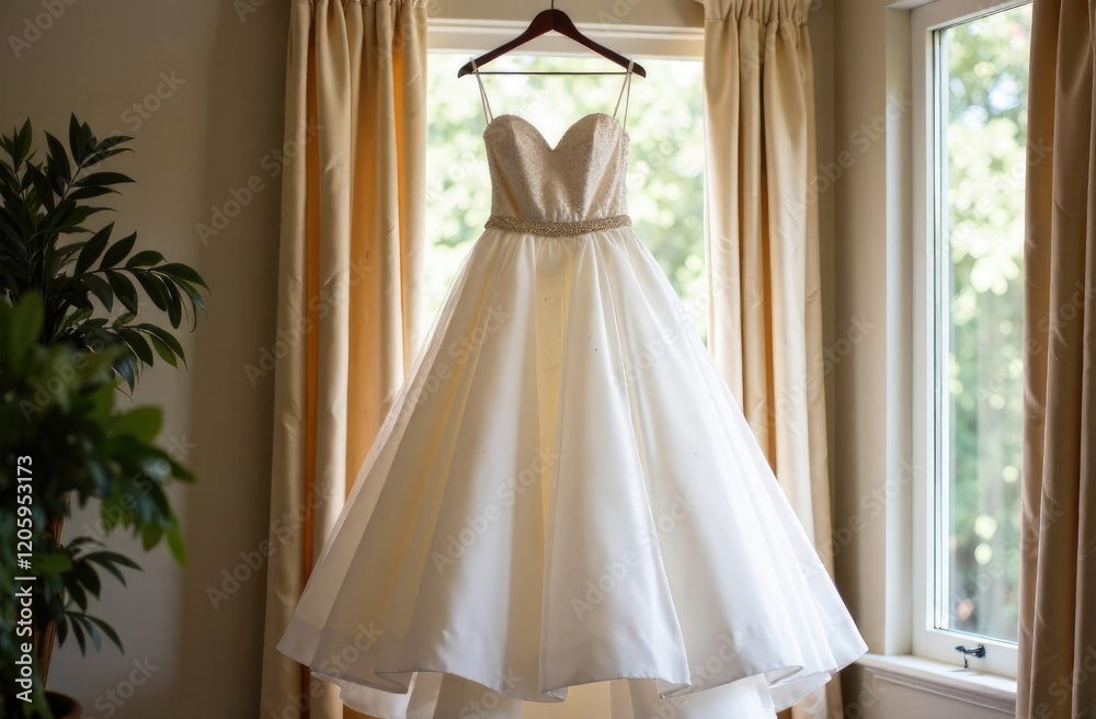 Fototapeta premium Celebration. A wedding dress hangs on a hanger in the living room. Bride's morning concept.