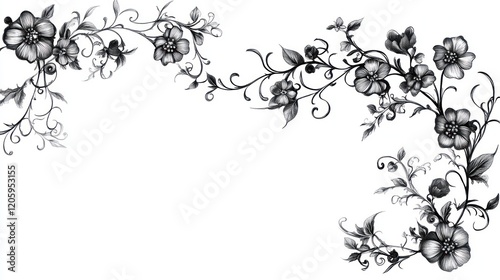 Ornate black and white floral border design featuring stylized flowers and vines on white