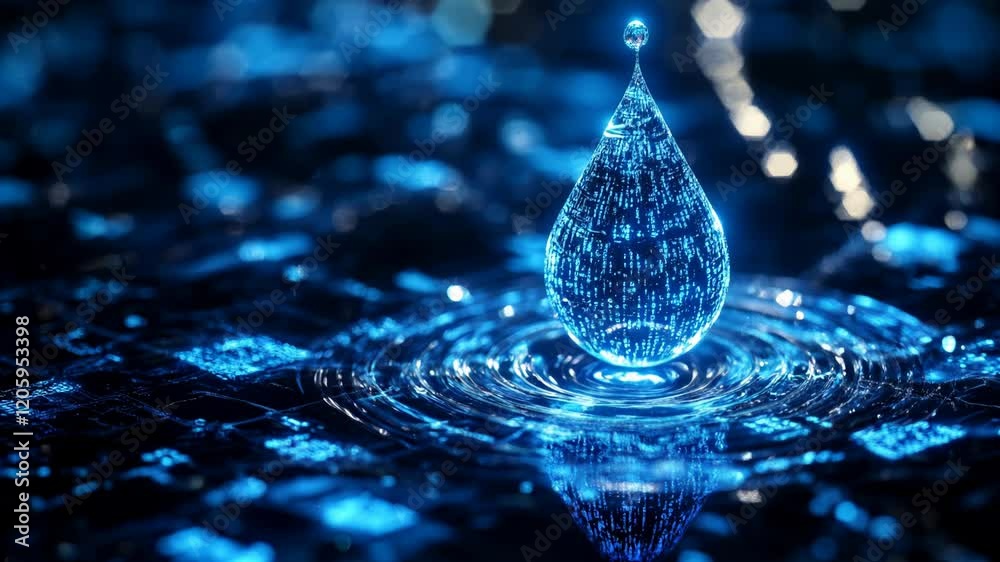 A glowing digital water drop symbolizing AI-driven water conservation. Ideal for tech, sustainability, and environmental innovation projects.