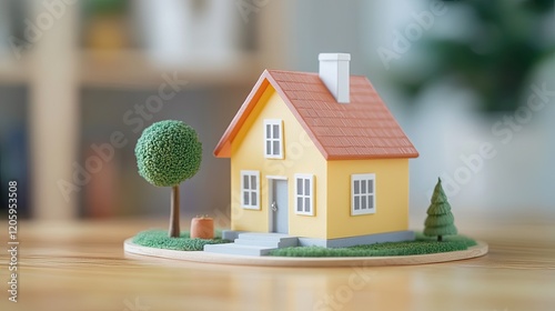 Miniature Yellow House Model with Green Landscaping photo