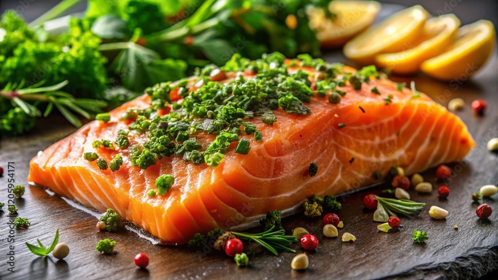 Fresh Salmon Fillet with Herbs and Spices - Low Light Culinary Photography Fresh Salmon Fillet with Herbs and Spices - Low Light Culinary Photography