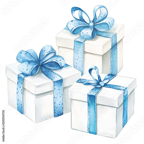 Watercolor Blue and White Gift Boxes with Ribbons illustration, Isolated on Transparent Background