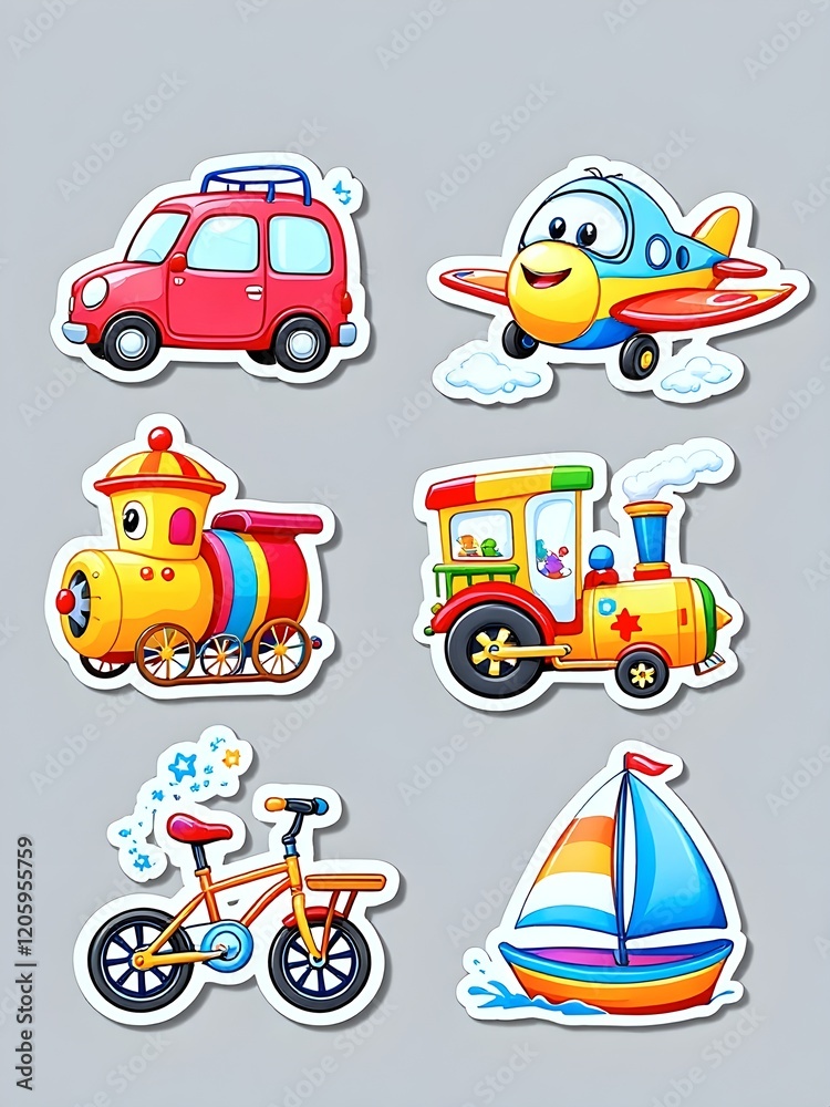 Naklejka premium cute car stickers: A smiling sports car, a playful truck, a vibrant motorbike, a shiny classic car