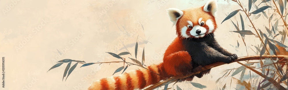 A red panda climbing a bamboo stalk against a warm pastel background, symbolizing wildlife conservation and habitat preservation. Perfect for awareness campaigns and nature-themed designs.