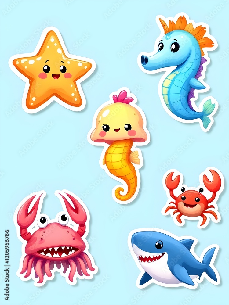 Ocean animal stickers: A smiling fish, a playful turtle, a cheerful dolphin, a cute seahorse and a happy octopus - 03 Ocean animal stickers: A smiling fish, a playful turtle, a cheerful dolphin, a cute seahorse and a happy octopus - 03