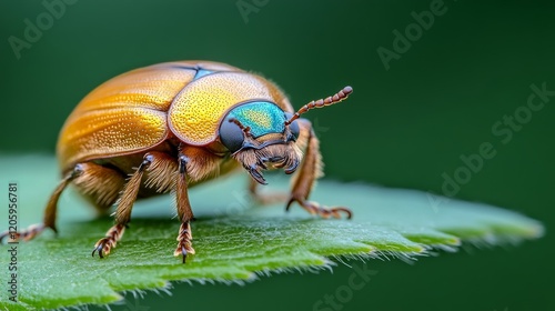 Golden Tortoise Beetle Close-up: A vibrant golden tortoise beetle with iridescent teal head showcases intricate details on a green leaf, creating a captivating macro photograph.  photo