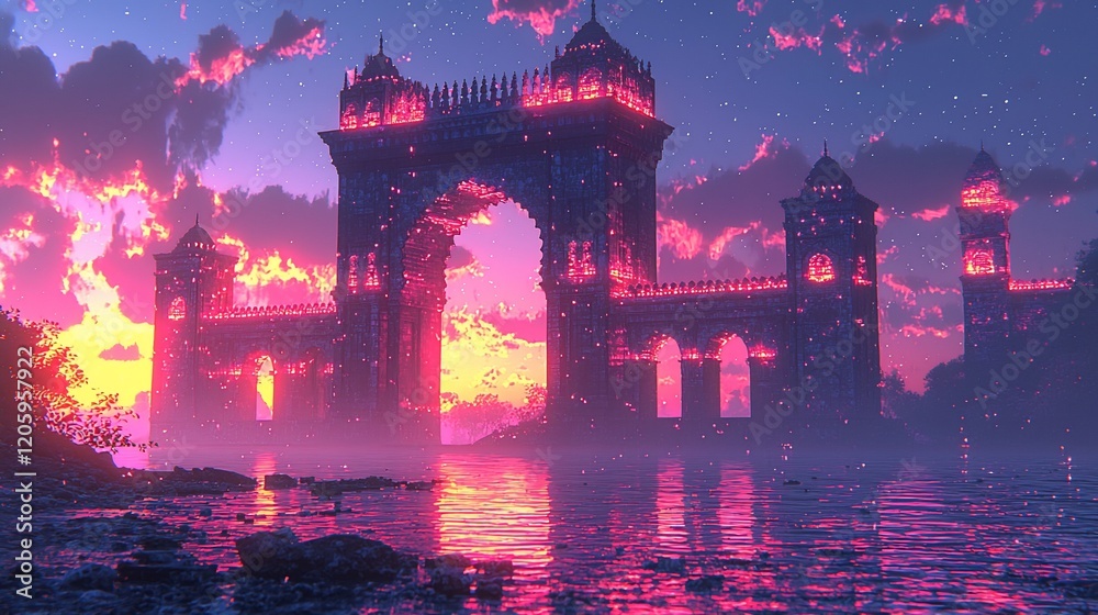 Fototapeta premium Enchanted Sunset Gateway: A Digital Painting of a Mystical Archway at Dusk