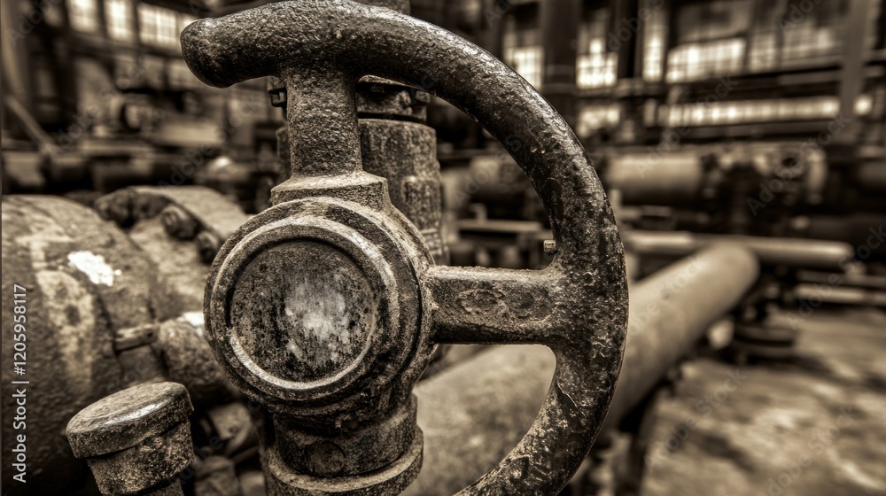 Rusty Industrial Valve Close-up: Sepia-toned Image of Old Machinery in Abandoned Factory Rusty Industrial Valve Close-up: Sepia-toned Image of Old Machinery in Abandoned Factory