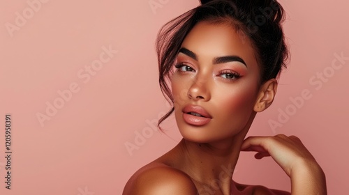 Elegant portrait of a woman with a soft pink background and natural makeup.