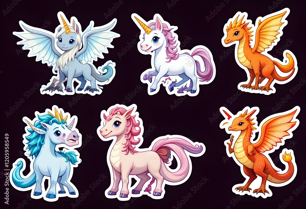 Fototapeta premium Mythical Creatures Stickers: A Shining Dragon, A Smiling Unicorn, A Flaming Phoenix, A Majestic Griffin, And A Little Elf
