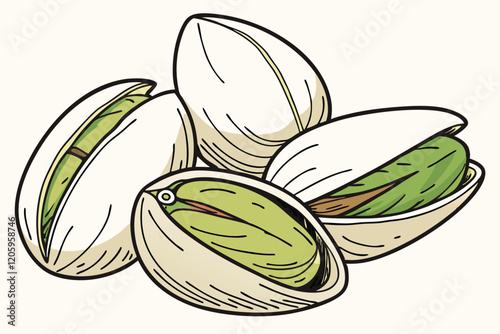 Photorealistic pistachios, extreme close-up, creamy shells, vibrant green nuts, partially open, dramatic lighting, high contrast, white background, food photography