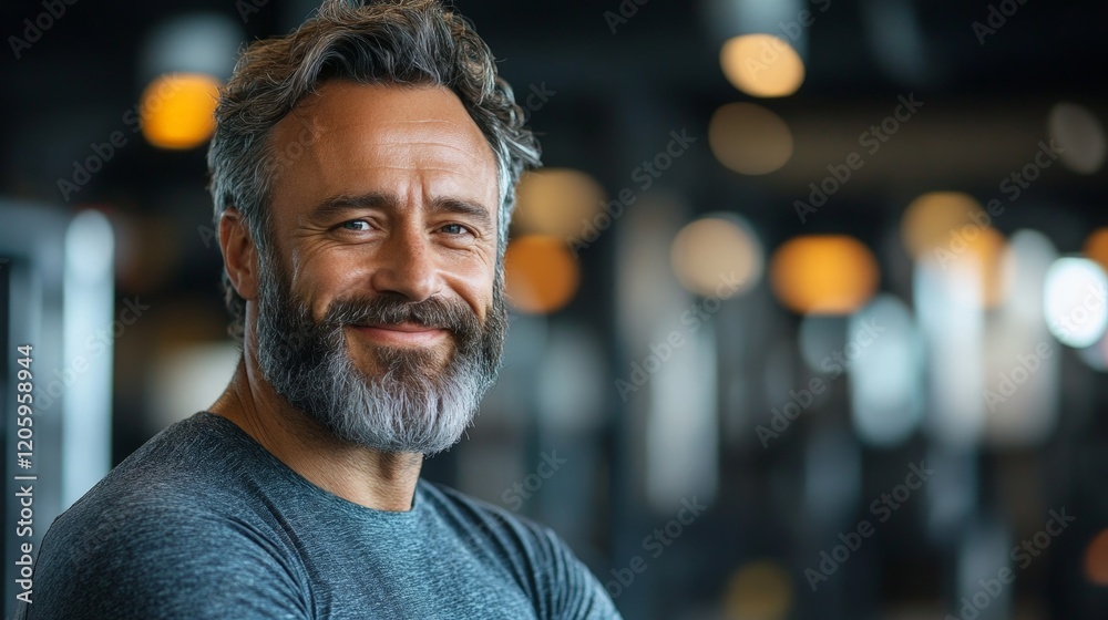 Portrait of an older man with a big smile and beard in a gym, radiating health and positivity. Great for fitness and wellness themes targeting seniors. Portrait of an older man with a big smile and beard in a gym, radiating health and positivity. Great for fitness and wellness themes targeting seniors.