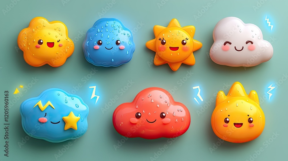 A colorful collection of cute weather-themed characters, including clouds, sun, and raindrops. A colorful collection of cute weather-themed characters, including clouds, sun, and raindrops.