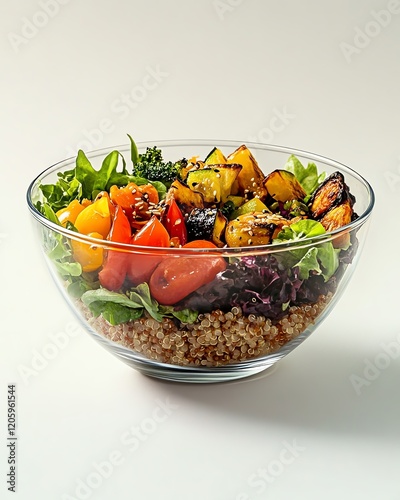 A vibrant salad bowl with fresh greens, colorful vegetables, and hearty grains.