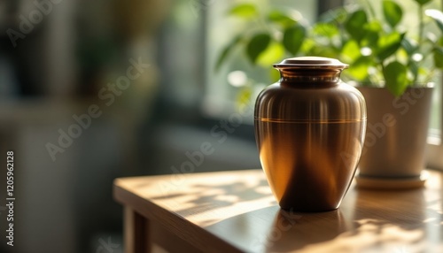 Elegant bronze urn on sunlit table near green plant