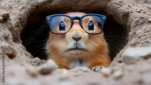 cute prairie dog wearing glasses peeking out from its burrow in sand