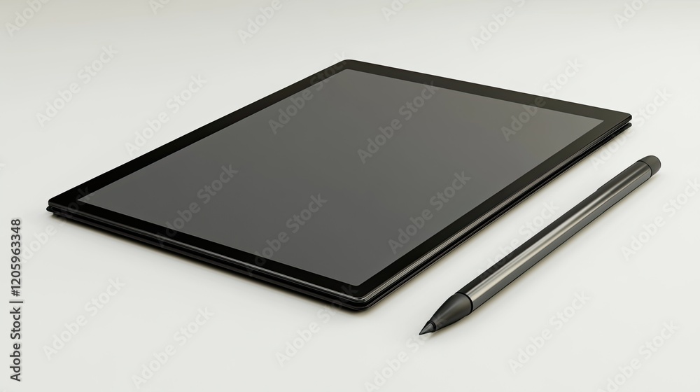 Black tablet computer and stylus resting on a white surface Black tablet computer and stylus resting on a white surface