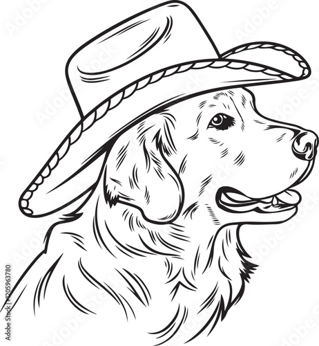 Golden Retriever in Cowboy Hat Line Art silhouette Illustration for Coloring | Line art drawing of a golden retriever dog wearing a cowboy hat, perfect for coloring books or creative projects.