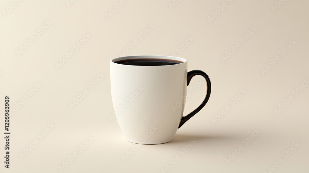 A White Mug Filled With Dark Coffee Sits On A Beige Surface