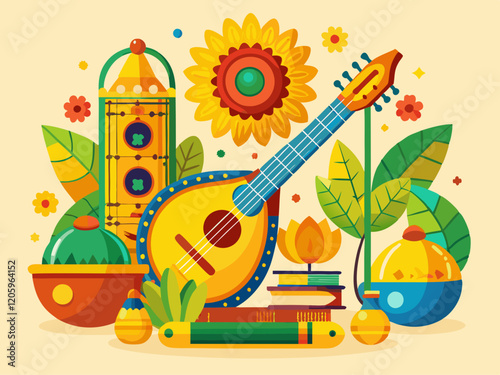 Vasant Panchami Festival with Veena Instrument and Floral Decorations