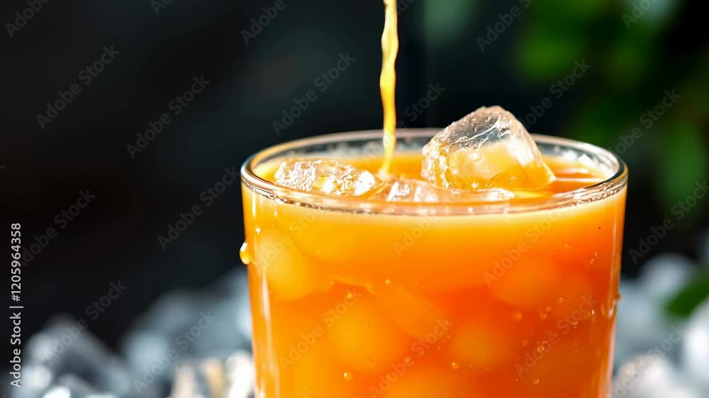 Pouring Refreshing Orange Juice Over Ice into a Glass: A Summer Delight