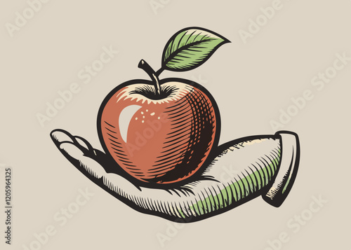 Human hand with apple drawn in engraving style. Apple fruit, nature, food apple fresh vintage sketch design