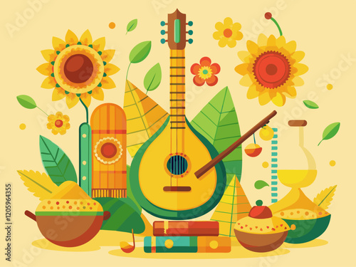 Vasant Panchami Festival with Veena Instrument and Floral Decorations