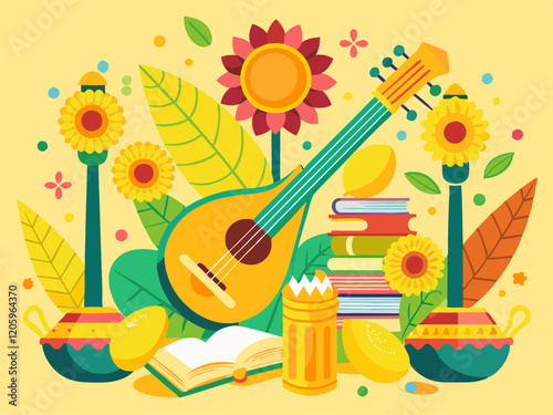 Vasant Panchami Festival with Veena Instrument and Floral Decorations