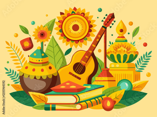 Vasant Panchami Festival with Veena Instrument and Floral Decorations