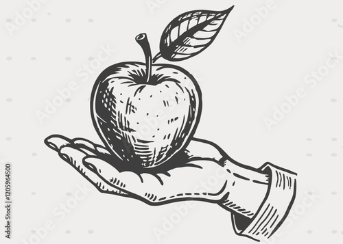 Human hand with apple drawn in engraving vintage sketch style