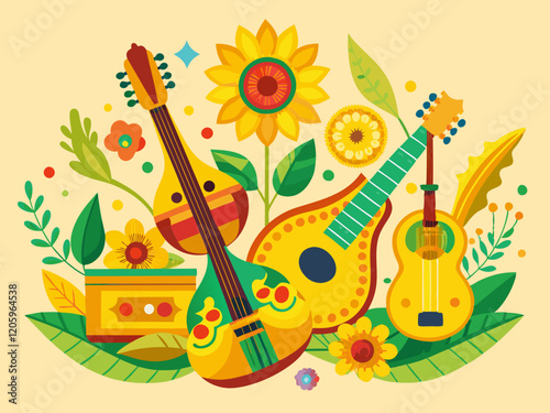 Vasant Panchami Festival with Veena Instrument and Floral Decorations