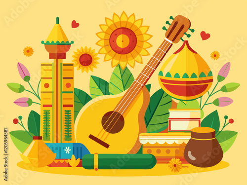 Vasant Panchami Festival with Veena Instrument and Floral Decorations