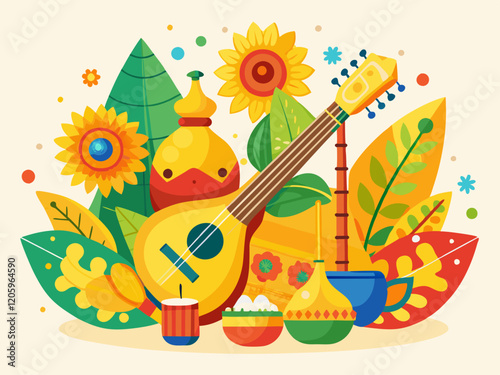 Vasant Panchami Festival with Veena Instrument and Floral Decorations