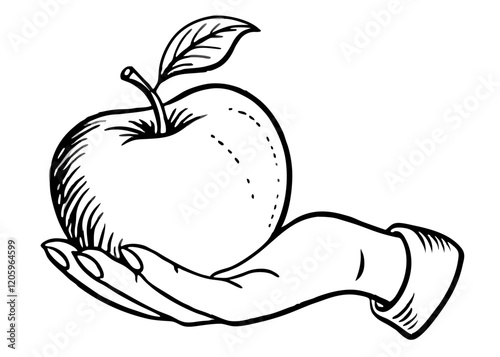 Human hand with apple drawn in engraving vintage sketch style