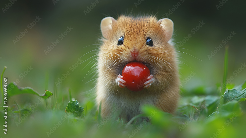 Tiny mouse holding red berry, surrounded by lush green grass, exuding curiosity and charm Tiny mouse holding red berry, surrounded by lush green grass, exuding curiosity and charm