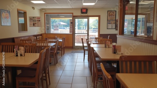 Empty restaurant interior, daylight, tables, chairs, ready for customers photo